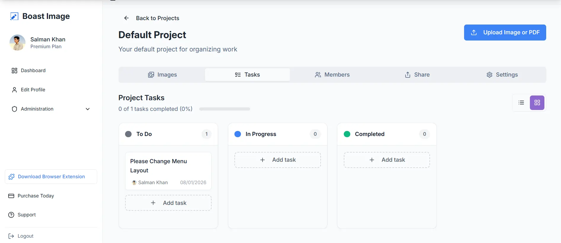 Showcase of BoastImage Kanban project grid view