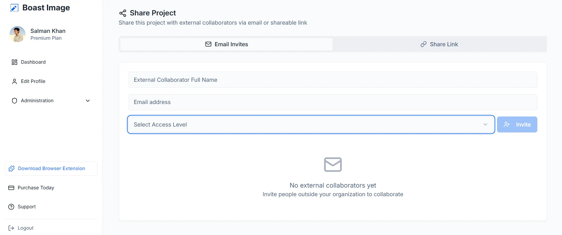 BoastImage share screen showing email invites, access level, and other access functionalities