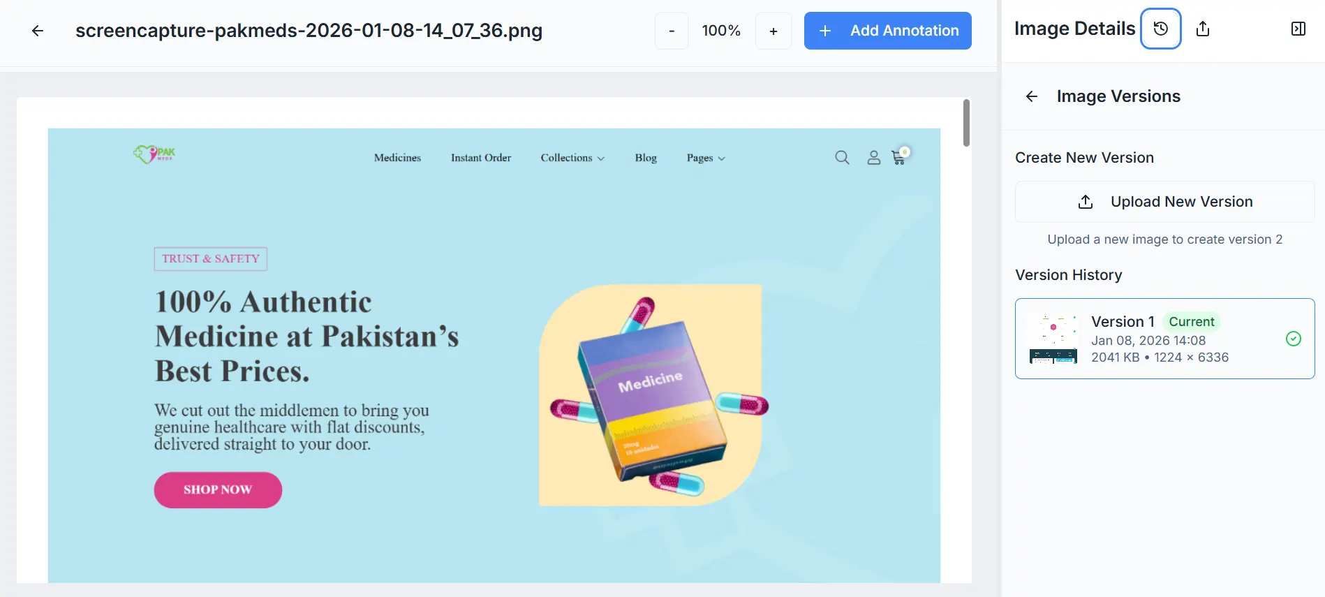 showcase of BoastImage version history function