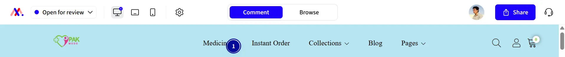 Markup IO project showing a dropped annotation pin near the top nav bar
