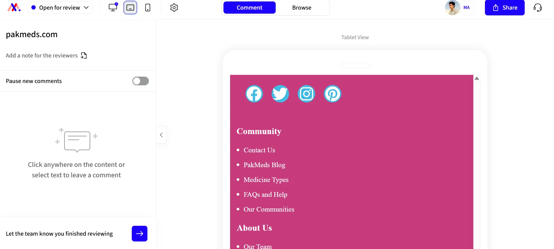 Markup IO mobile render of the samaple site