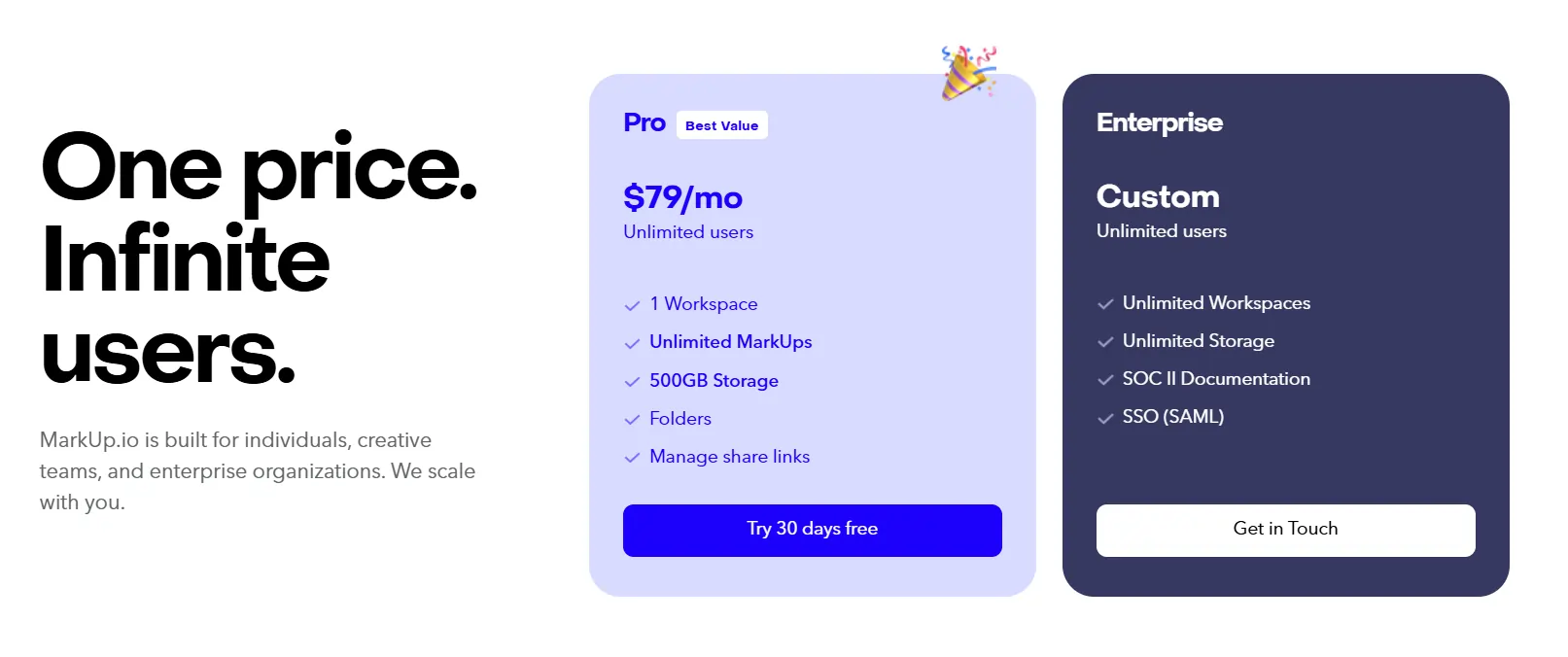 image showing markup IO pricing tiers, including $79 base plan