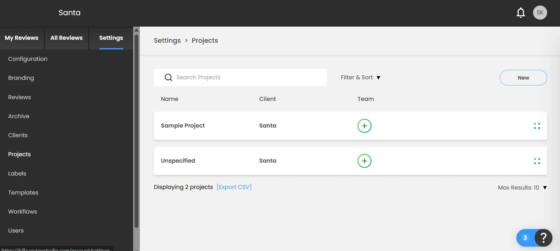Reviewstudios project management tab displayed with two sample projects