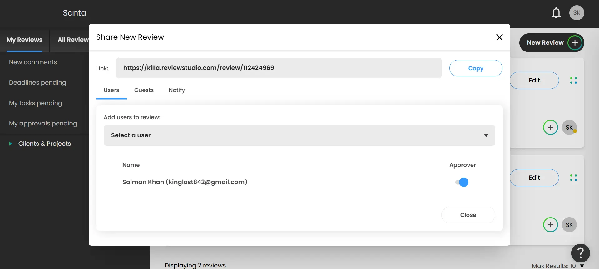 Reviewstudio project sharing popup window