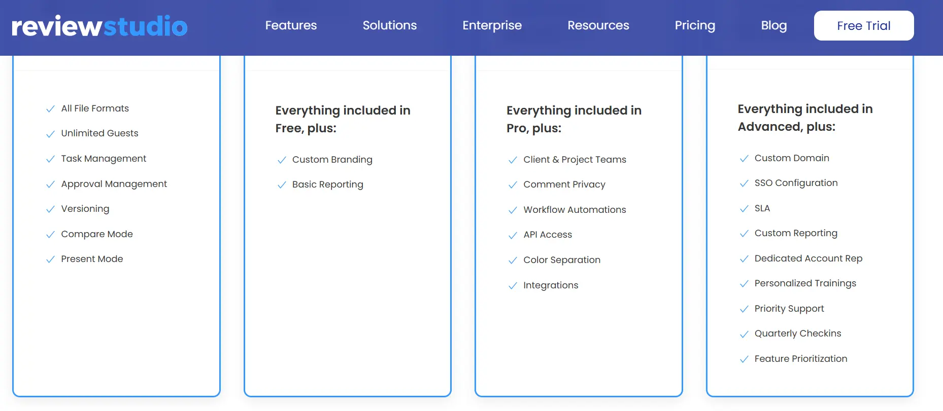reviewstudio version history limitations on pro plans