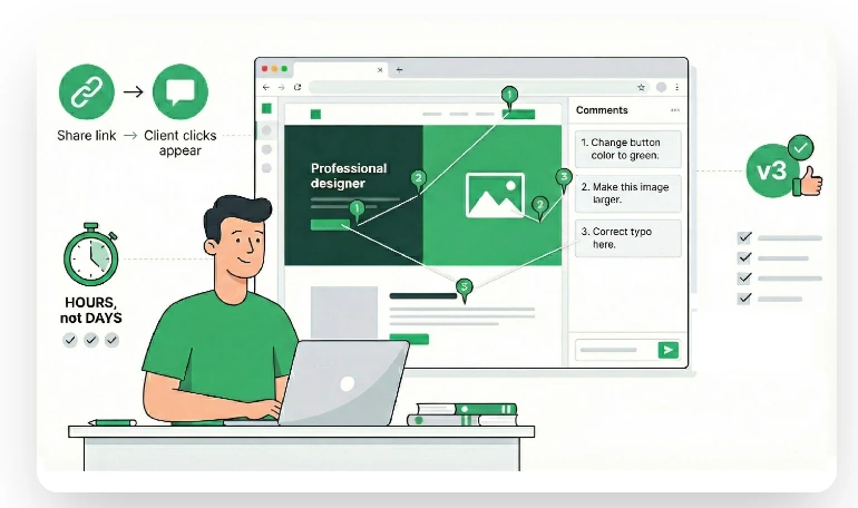 Illustration showing a share link leading to pinned comments and a faster approval cycle