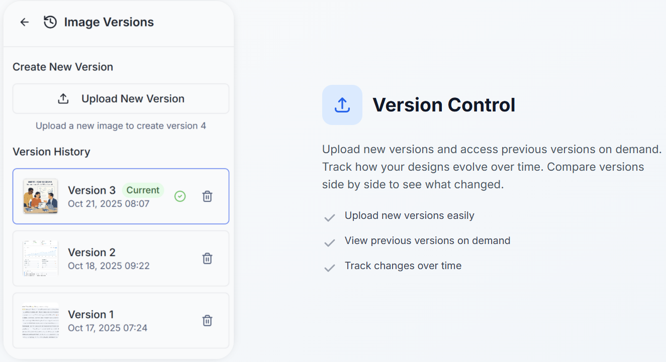 BoastImage version control panel showing version history and an upload new version action