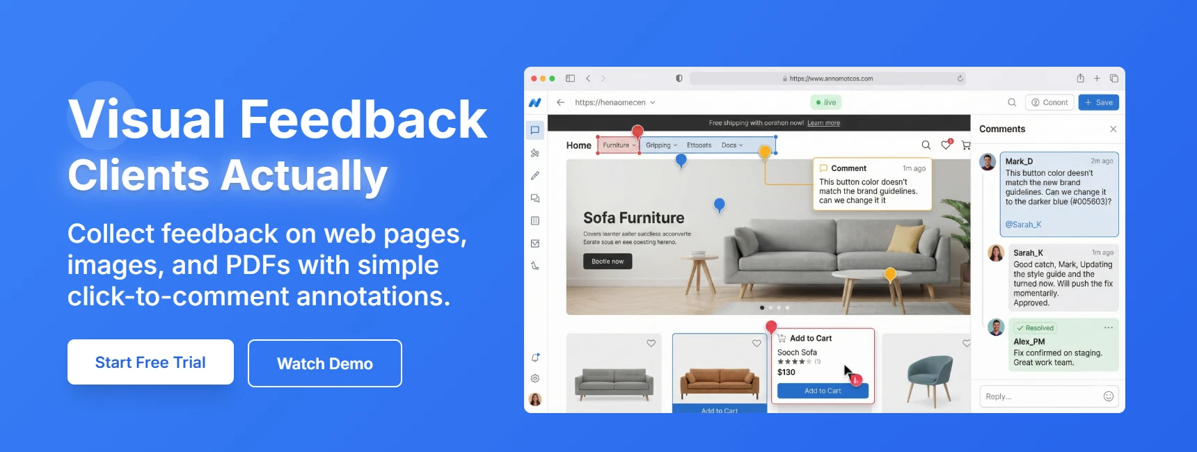 BoastImage workflow showing upload, pinned comments, and threaded feedback on a visual asset