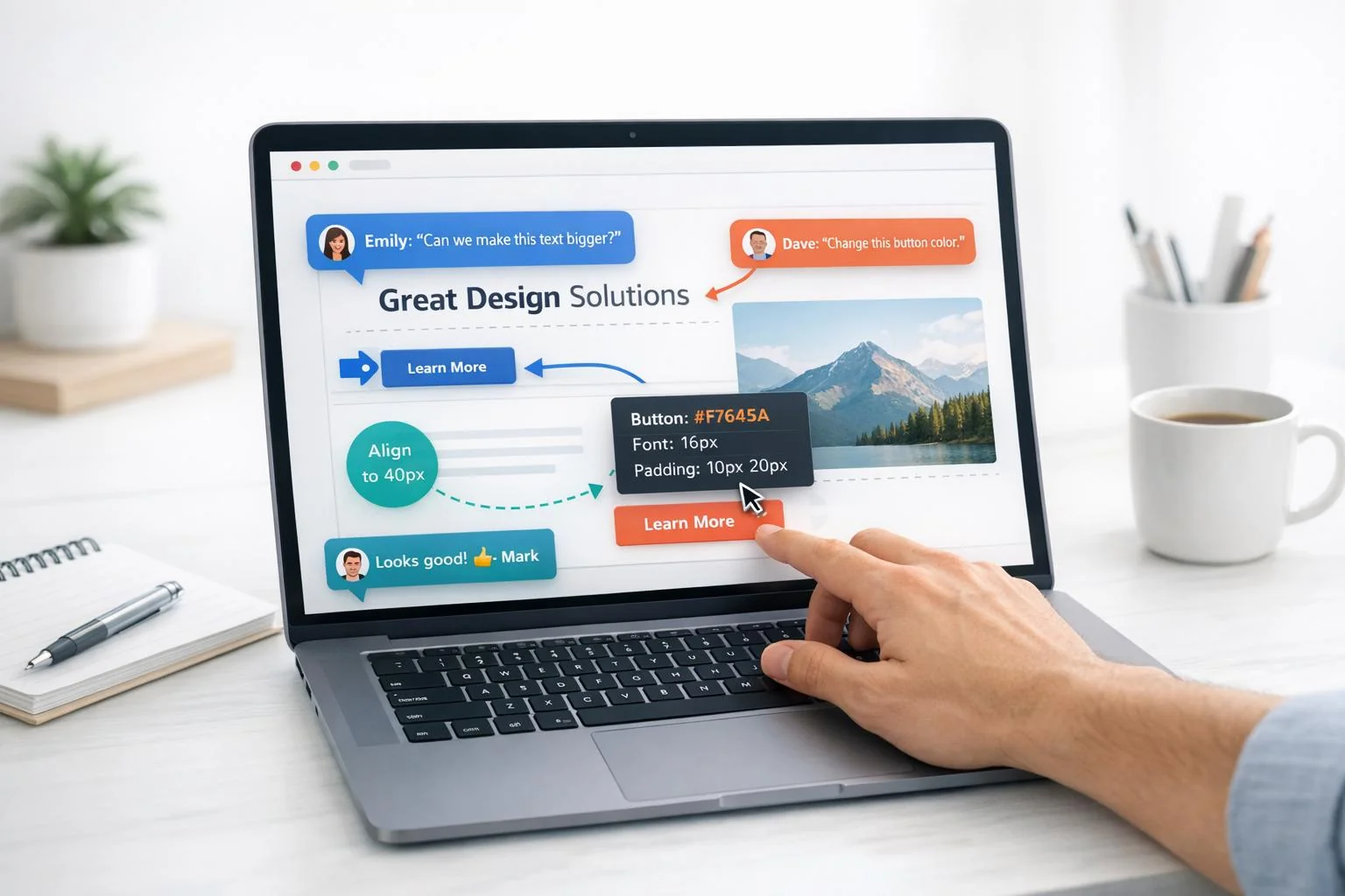 Visual feedback example on a design with pinned comments and suggestions